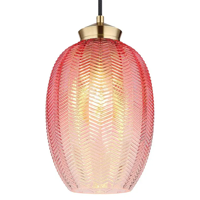 Globo Pendelleuchte Varus - 60 W, Ø x H: 18 x 120 cm - Beleuchtete Pendelleuchte aus rot/rosa Glas mit Chevron-Muster, Messingaufsatz und schwarzer Schnur.