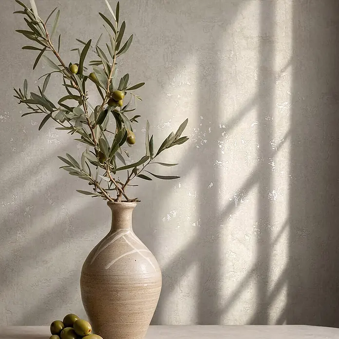 Marburg Vliestapete Novamur Naomi Putzoptik - Beige, Sonstiges, 10,05 x 0,53 m - Olivenzweig mit grünen Oliven in beiger Keramikvase auf Tisch, mit Schatten an texturierter Wand.