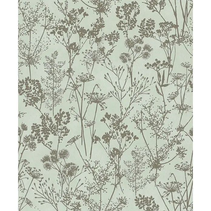 Marburg Vliestapete Novamur Mona Floral I - Grün-Gold, Floral, 10,05 x 0,53 m - Nahtloses Muster mit braunen Pflanzensilhouetten und feiner Textur.
