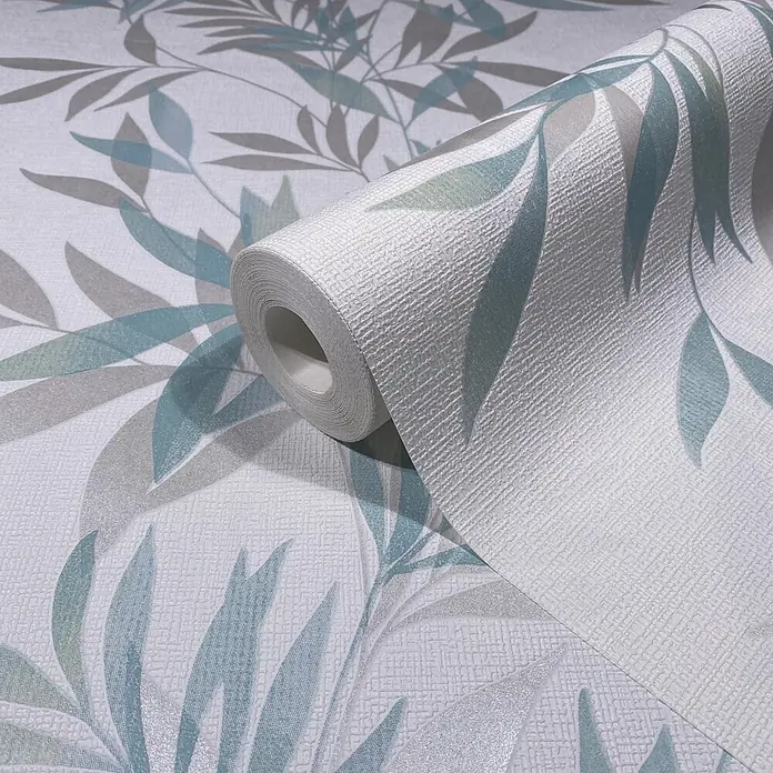 Marburg Vliestapete Novamur Mona Floral - Weiß-Grün, Floral, 10,05 x 0,53 m - Strukturierte Tapetenrolle mit hellblauem und silbernem Blattmuster.