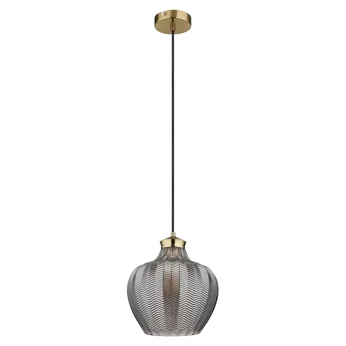 Globo Pendelleuchte Jessica - 60 W, Ø x H: 25 x 120 cm - Messing- und schwarze Pendelleuchte mit geripptem grauen Glasschirm.