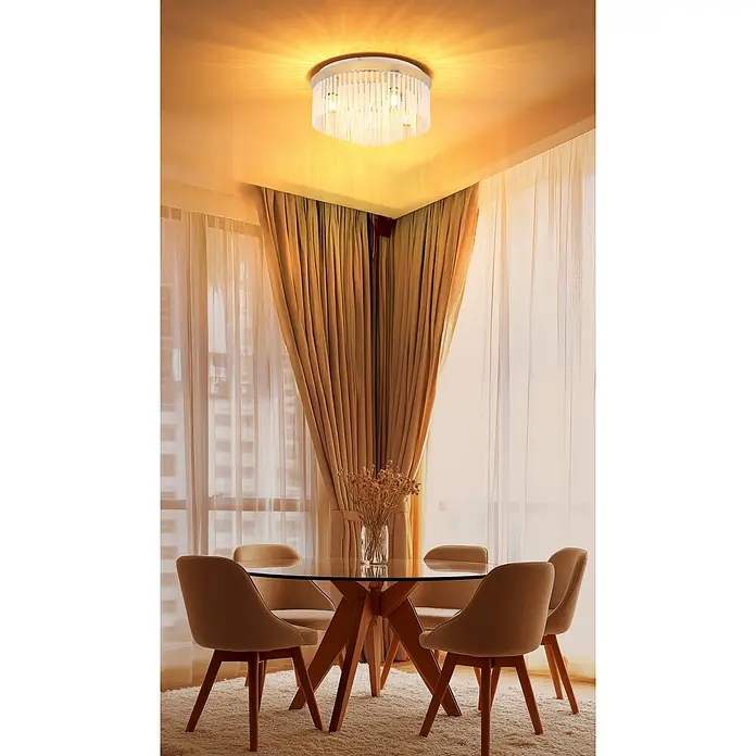 Globo Deckenleuchte Gorley - 60 W, Ø x H: 50 cm x 250 mm, E27 - Moderne runde Deckenleuchte mit weißem Sockel und transparenten vertikalen Elementen beleuchtet ein Esszimmer.