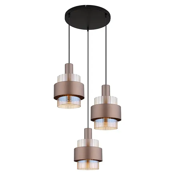 Globo Pendelleuchte Tulivar - Höhe: 1.500 mm, 60 W - Dreiflammige Pendelleuchte in Bronzeoptik mit klaren und bernsteinfarbenen geriffelten Glasschirmen.