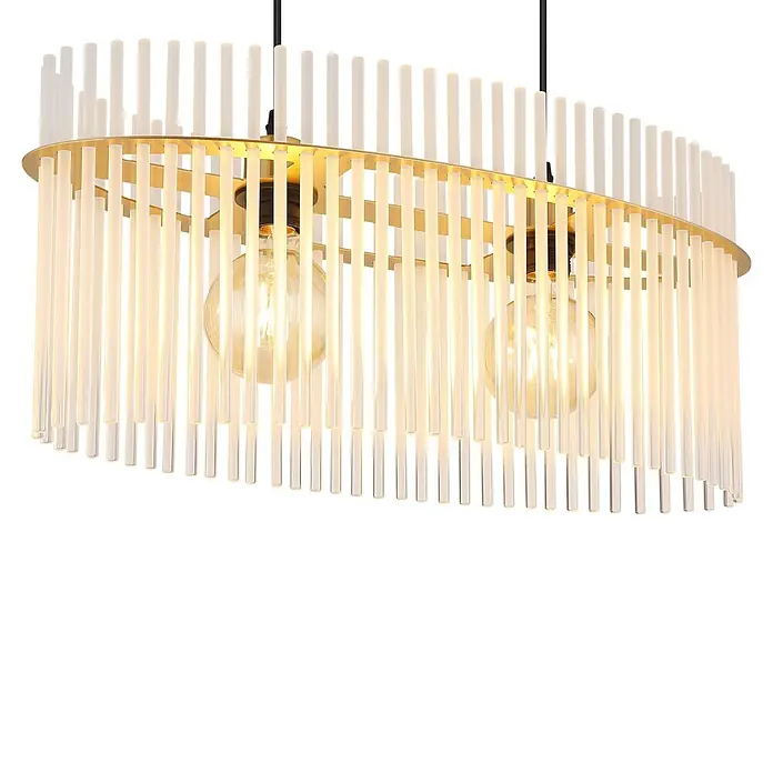 Globo Pendelleuchte Gorley - 60 W, E27, L x B x H: 600 x 230 x 1.400 mm - Elegante Pendelleuchte mit goldenem Rahmen, umgeben von durchscheinenden vertikalen Stäben, die zwei klare Glühbirnen beleuchtet.