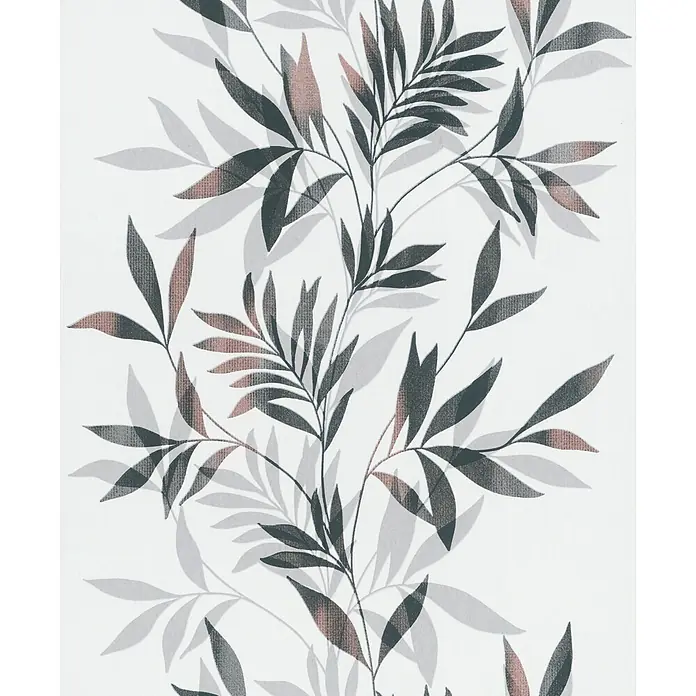 Marburg Vliestapete Novamur Mona Floral - Weiß-Schwarz, Floral, 10,05 x 0,53 m - Botanisches Blattmuster mit geschichteten Blättern in Dunkelgrau, Rosé und Hellgrau.