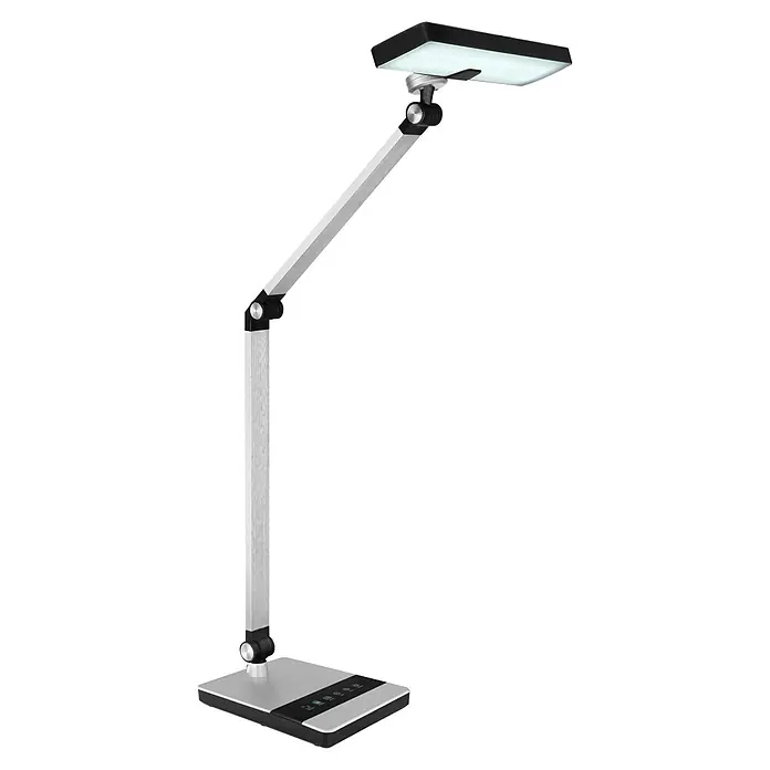 Globo Tischleuchte Dally - 9 W, L x B x H: 400 x 270 x 820 mm - Verstellbare, silber-schwarze LED-Schreibtischlampe mit rechteckigem Kopf und Touch-Bedienelementen am Sockel.
