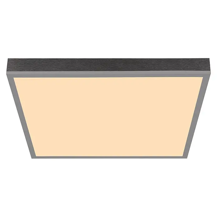 Globo LED-Deckenleuchte Doro - 24 W, L x B x H: 450 x 450 x 65 mm - Rechteckige Deckenleuchte mit dunklem Holzrand, grauem Rahmen und warmweißem Diffusor.