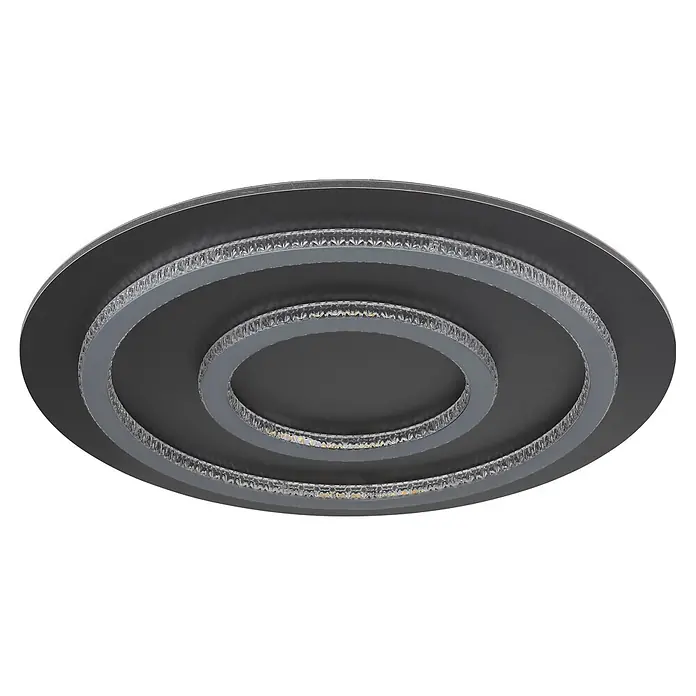 Globo LED-Deckenleuchte Jayden - 60 W, Warmweiß, Ø x H: 550 x 60 mm - Runde dunkelgraue LED-Deckenleuchte mit drei konzentrischen Ringen aus facettierten klaren Kristallen.