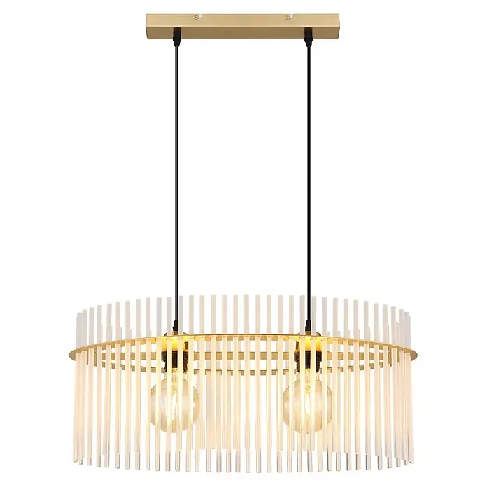 Globo Pendelleuchte Gorley - 60 W, E27, L x B x H: 600 x 230 x 1.400 mm - Goldene lineare Pendelleuchte mit zwei sichtbaren Edison-Glühbirnen, umgeben von einem runden Rahmen aus klaren vertikalen Stäben.