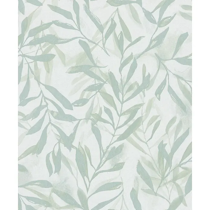 Marburg Vliestapete Novamur Leyla Floral - Weiß-Grün, Floral, 10,05 x 0,53 m - Nahtloses Muster aus geschichteten, hellen salbeigrünen Blättern im Pinselstrichstil mit feiner Textur.