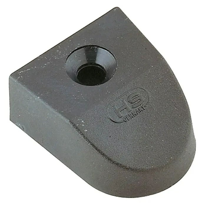 Sprenger Endstück - Passend für: Sprenger Genuaschiene 25 x 4 mm, Montageart: Vor der Schiene, 2 Stk. - Nahaufnahme eines HS Germany Möbelgleiters mit Bohrloch zur Befestigung, ideal für Möbel.
