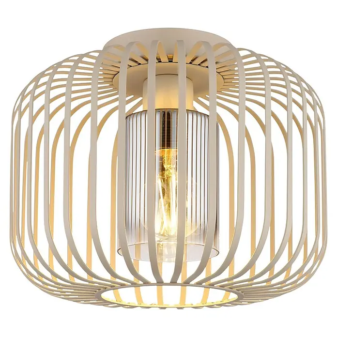 Globo Deckenleuchte Alfred - 40 W, E27 - Beige Deckenleuchte mit Lattenrost-Design und leuchtender Glühbirne in klarem Glaszylinder.