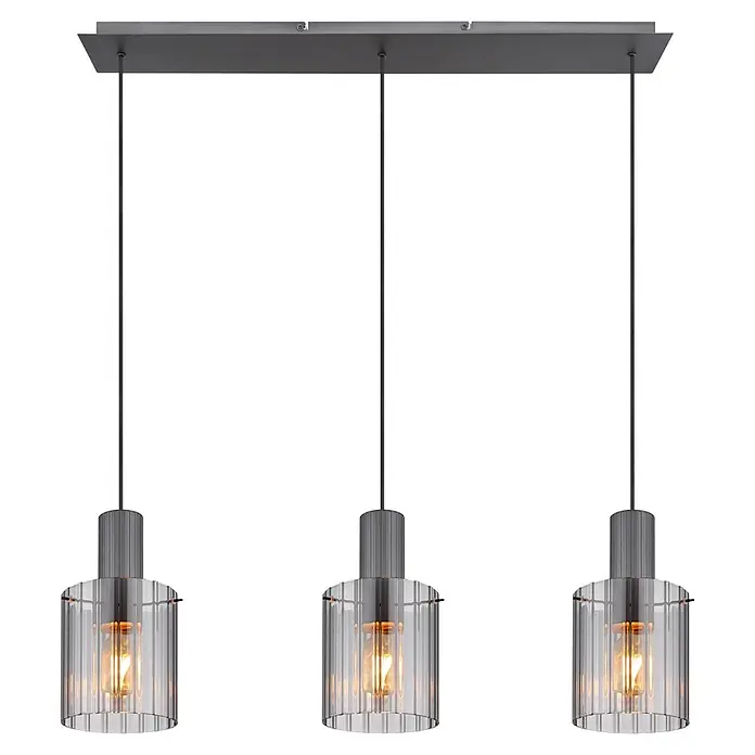 Globo Pendelleuchte Tulivar - 40 W, L x B x H: 980 x 180 x 1.200 mm - Dreiflammige lineare Pendelleuchte mit dunkelgrauer Halterung, schwarzen Kabeln und gerippten Glasschirmen mit warmen Edison-Lampen.