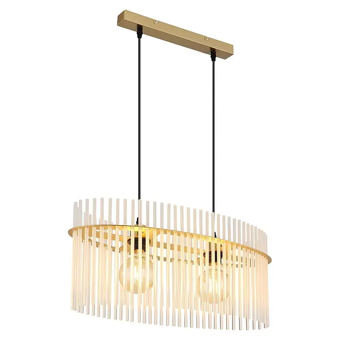 Globo Pendelleuchte Gorley - 60 W, E27, L x B x H: 600 x 230 x 1.400 mm - Goldene Pendelleuchte mit weißen Stäben und beleuchteten Vintage-Glühbirnen.