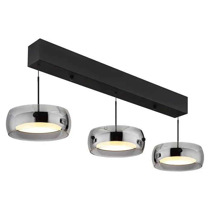 Globo LED-Pendelleuchte rund Livion - 30 W, L x B x H: 850 x 200 x 1.200 mm - Schwarze rechteckige Deckenleuchte mit drei verchromten/silbernen Pendelschirmchen, jeweils mit einem beleuchteten weißen Diffusor.
