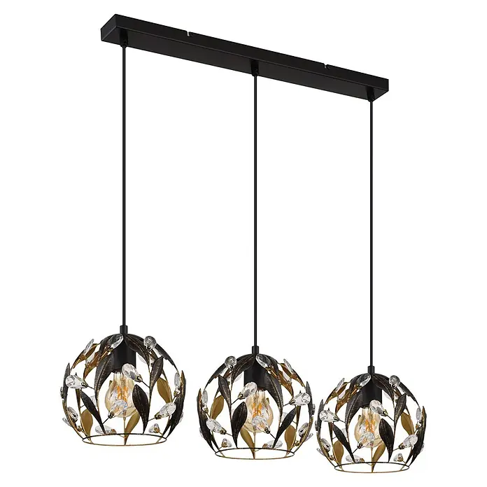 Globo Pendelleuchte Mika - 40 W, L x B x H: 740 x 200 x 1.500 mm, E27 - Dreiflammige Pendelleuchte mit schwarzer Stange, schwarz-goldenen Blattmotiven, Kristallakzenten und Edison-Glühbirnen.