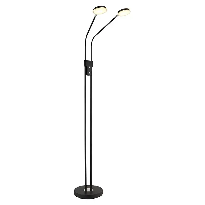 Globo LED-Deckenfluter Silvio - 6,5 W, Höhe: 1.730 mm - Schwarze LED-Stehleuchte mit zwei Köpfen, rundem Fuß und beleuchteten kreisförmigen Lichtern.