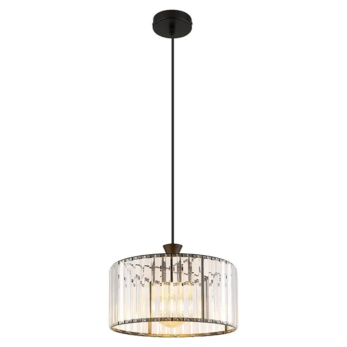 Globo Pendelleuchte Jordana - 60 W, E27, Pendellänge: 1.200 mm - Schwarze Pendelleuchte mit zylindrischem Schirm aus klaren Kristallpaneelen und messingfarbenem Rahmen, warm leuchtend.