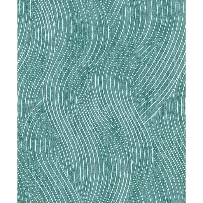 Marburg Vliestapete Novamur Mona Grafik - Grün-Silber, Grafisch, 10,05 x 0,53 m - Texturiertes petrolgrünes Muster mit dynamischen weißen Wellenlinien.