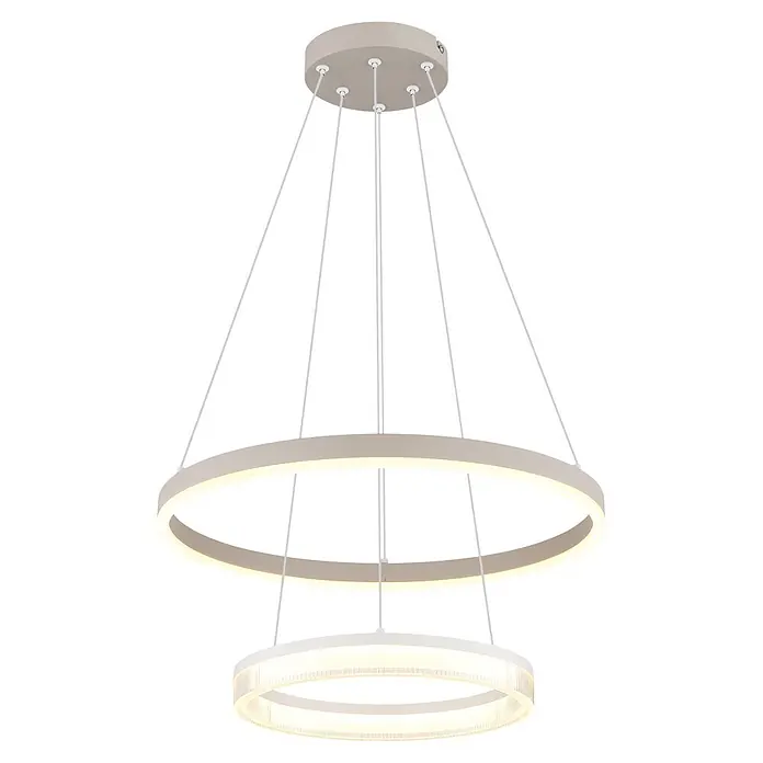 Globo LED-Pendelleuchte rund Zara - 30 W, Ø x H: 500 x 1.500 mm, Warmweiß - Ein moderner Kronleuchter mit zwei beleuchteten kreisförmigen LED-Ringen, der an weißen Kabeln von einer beigen Deckenplatte hängt.