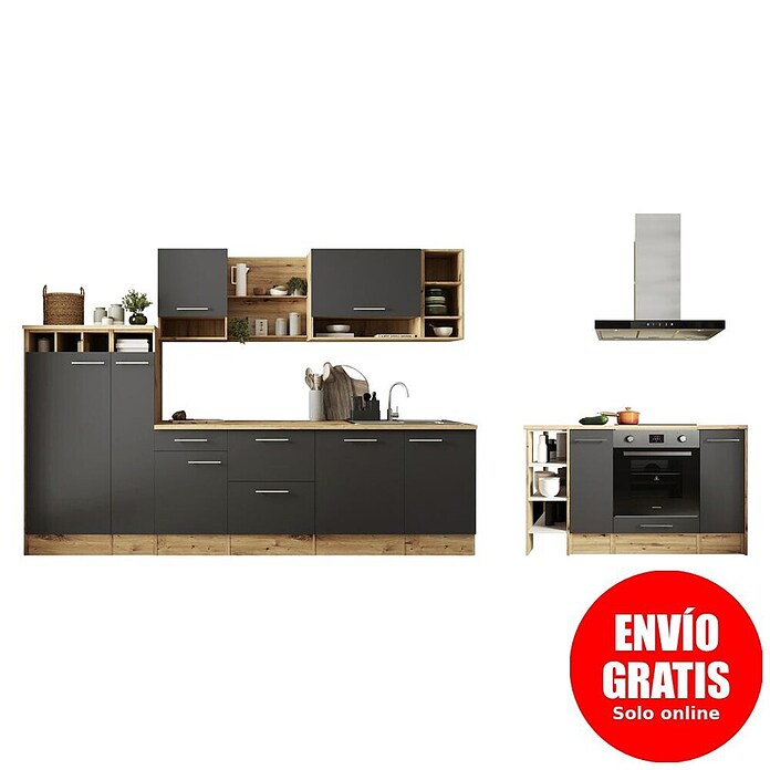 Respekta Cocina de isla Hilde con fuego (Ancho: 310 cm, Gris, Con electrodomésticos) | BAUHAUS