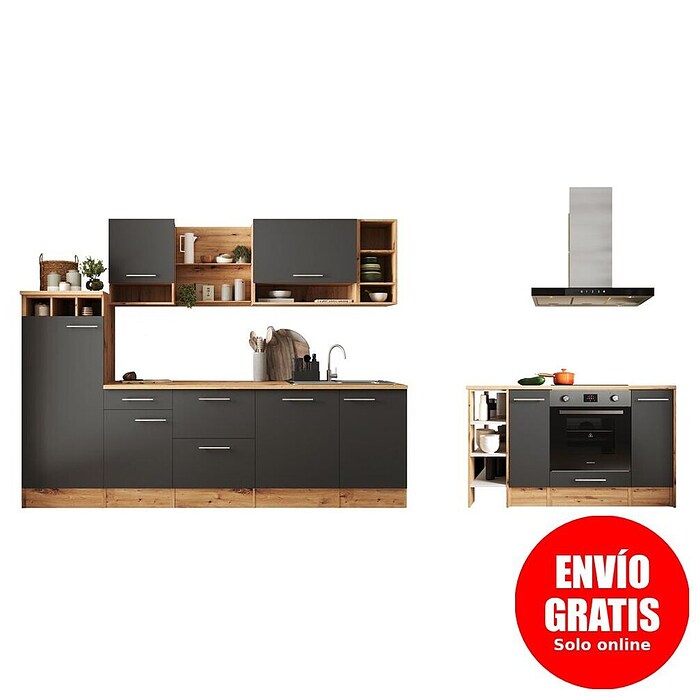 Respekta Cocina de isla Hilde con fuego (Ancho: 280 cm, Gris, Con electrodomésticos) | BAUHAUS