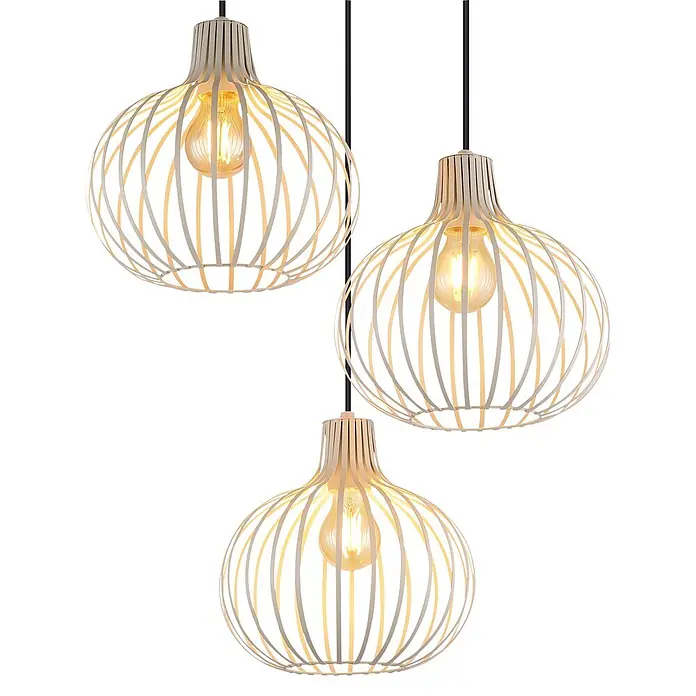 Globo Pendelleuchte Mateo - Ø x H: 500 x 1.200 mm, E27, 40 W - Drei beige Lamellen-Hängelampen im Käfigdesign mit glühenden Filamentbirnen.