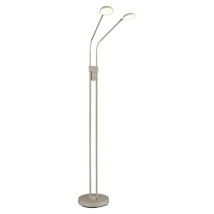 Globo LED-Deckenfluter Silvio - 6,5 W, Höhe: 1.730 mm - Beige Stehleuchte mit zwei flexiblen Chromarmen und runden LED-Leuchtenköpfen auf passendem Rundsockel.