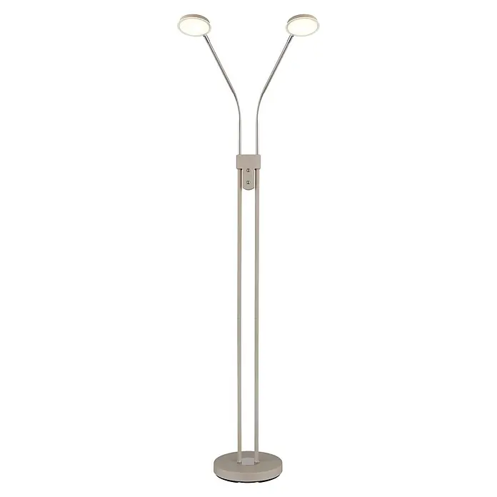 Globo LED-Deckenfluter Silvio - 6,5 W, Höhe: 1.730 mm - Moderne beigefarbene Stehlampe mit zwei verstellbaren silberfarbenen Armen und hellen runden LED-Leuchten auf rundem Fuß.
