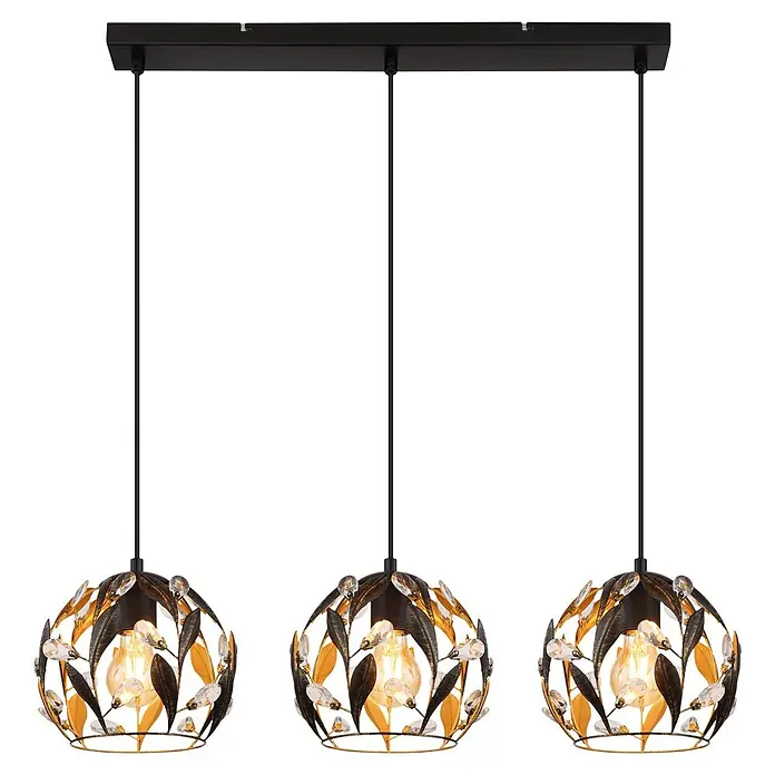 Globo Pendelleuchte Mika - 40 W, L x B x H: 740 x 200 x 1.500 mm, E27 - Dreier-Set schwarzer und goldener Hängelampen mit Kristallakzenten und warm leuchtenden Birnen, an schwarzer rechteckiger Deckenhalterung.