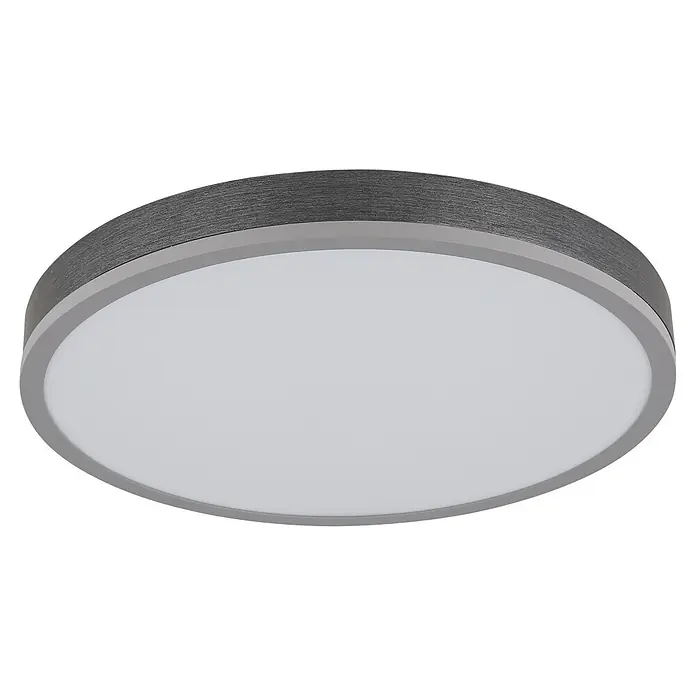 Globo LED-Panel Doro - 24 W - Runde Deckenleuchte mit dunkelgrauem strukturiertem Außenring, hellgrauem Rand und weißem Diffusor.
