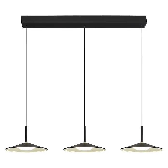 Globo LED-Pendelleuchte rund Lampone - 24 W, Neutralweiß - Drei schwarze Pendelleuchten aus Metall mit konischen Schirmen, die an einer rechteckigen Stange hängen und beleuchtet sind.