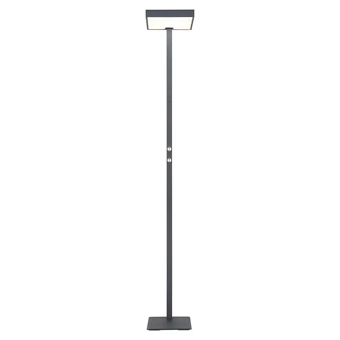 Globo LED-Deckenfluter Barker - 45 W, Höhe: 1.848 mm - Moderne graue Stehleuchte mit rechteckigem Leuchtenkopf, Sockel und zwei Bedienknöpfen am Ständer, beleuchtet.