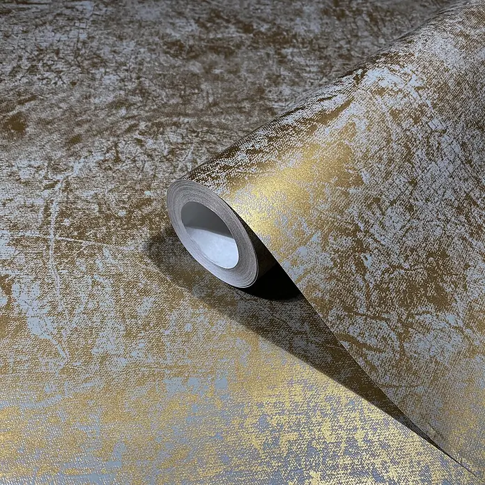Marburg La Veneziana II Vliestapete - Gold, Uni, 10,05 x 0,53 m - Rolle strukturierter Gold- und Hellgrau-Tapete mit abstraktem Muster.