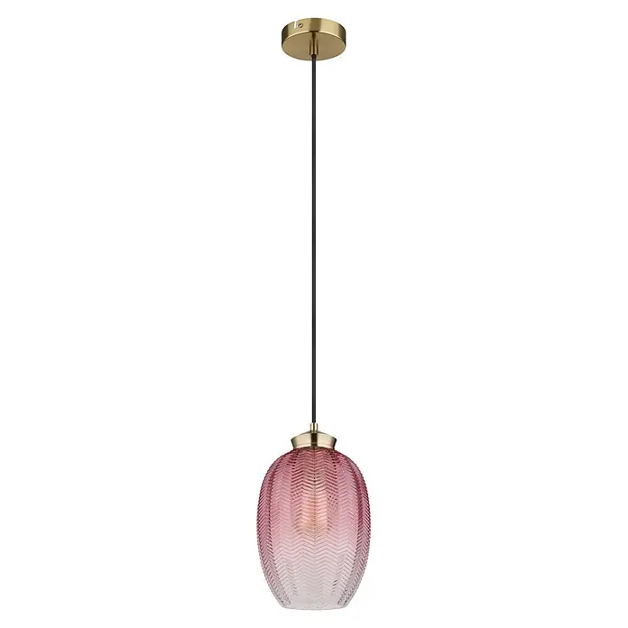Globo Pendelleuchte Varus - 60 W, Ø x H: 18 x 120 cm - Messing-Pendelleuchte mit schwarzem Kabel und rosa Glaschirm mit Chevron-Muster.