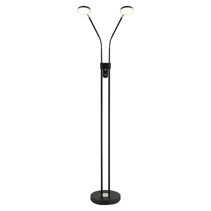 Globo LED-Deckenfluter Silvio - 6,5 W, Höhe: 1.730 mm - Schwarze Stehlampe mit zwei verstellbaren Köpfen und beleuchteten LEDs.