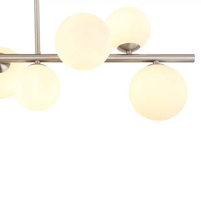 Globo Hängelampe Riha - L x B x H: 870 x 280 x 370 mm, G9 - Moderne Deckenleuchte mit gebürstetem Metallrahmen und mehreren weißen Glaskugelschirmen.