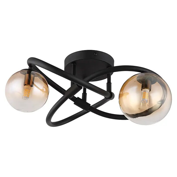 Globo LED-Deckenleuchte Tuberius - 3,5 W, G9 - Schwarze Metall-Deckenleuchte mit zwei bernsteinfarbenen Glaskugelschirmen und sichtbaren LED-Lampen.