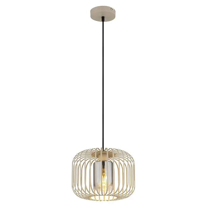 Globo Pendelleuchte Alfred - 40 W, Höhe: 1.200 mm, E27 - Hellbeige Hängeleuchte aus Holzlamellen mit Klarglaszylinder und sichtbarer Glühbirne, an schwarzem Kabel und beiger Deckenrosette.
