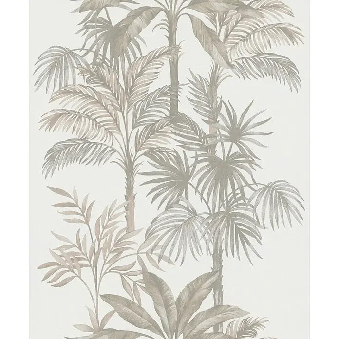 Marburg Vliestapete Novamur Leyla Floral I - Weiß-Beige, Floral, 10,05 x 0,53 m - Tapete mit monochromatischem botanischem Muster aus stilisierten Palmen und tropischen Blättern in Greige-Tönen.