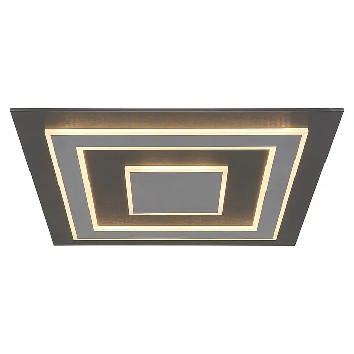 Globo LED-Deckenleuchte Jayden - 50 W, L x B x H: 600 x 600 x 46 mm, Warmweiß - Moderne, mehrschichtige Deckenleuchte aus dunklem Metall mit leuchtenden LED-Rechteckrahmen.