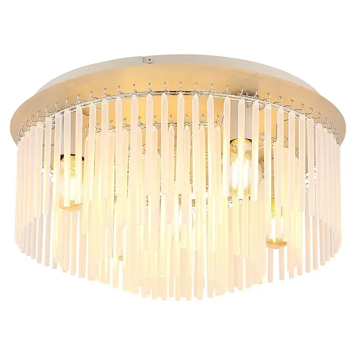 Globo Deckenleuchte Gorley - 60 W, Ø x H: 50 cm x 250 mm, E27 - Runde Deckenleuchte mit weißem Sockel und zahlreichen klaren Stäben, die an silbernen Haken hängen und mit warmen Glühbirnen leuchten.
