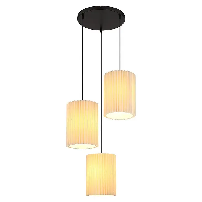 Globo Pendelleuchte Page - 25 W, E27, Pendellänge: 1.200 mm - Dreiflammige Pendelleuchte mit plissierten Stoffschirmen und schwarzer Deckenplatte, warmes Licht.