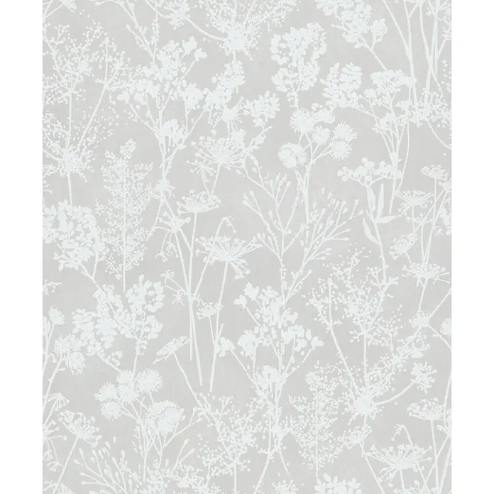 Marburg Vliestapete Novamur Mona Floral I - Grau, Floral, 10,05 x 0,53 m - Tapete mit hellgrauem Grund und einem kunstvollen weißen botanischen und floralen Silhouettenmuster.