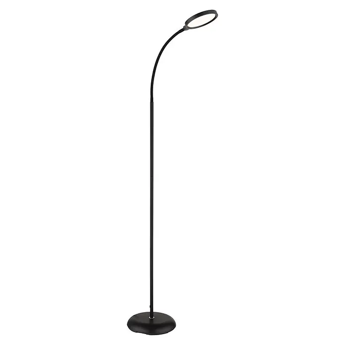 Globo LED-Deckenfluter Kalderon - 8 W, Höhe: 1.250 mm - Schlanke, schwarze Stehlampe mit gebogenem Arm und rundem, beleuchtetem LED-Kopf auf stabilem Sockel.