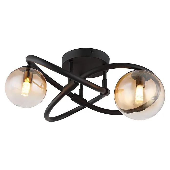 Globo LED-Deckenleuchte Tuberius - 3,5 W, G9 - Schwarze Deckenleuchte mit zwei bernsteinfarbenen Glaskugelschirmen und sichtbaren LED-Lampen.