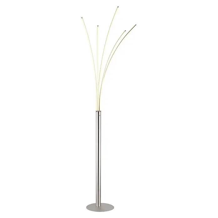 Globo LED-Deckenfluter Bizzy - 36 W, Höhe: 1.870 mm - Moderne Stehleuchte mit gebürstetem Metallsockel und -stiel, mit fünf nach oben gebogenen Leuchtelementen, von denen zwei gewölbt sind.