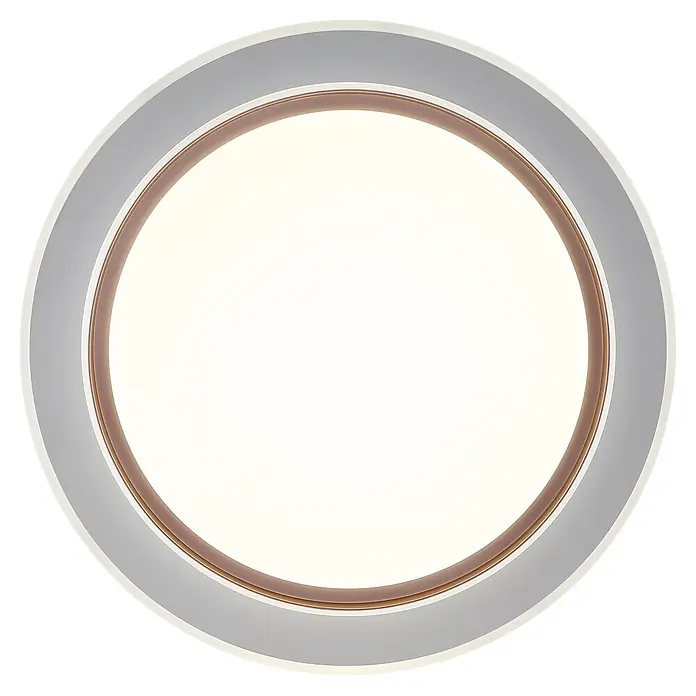 Globo LED-Deckenleuchte rund Janice - 48 W, Ø x H: 490 x 70 mm, Warmweiß - Runde LED-Deckenleuchte mit weißem, beleuchtetem Diffusor, braunem Innenring und grauem Außenrahmen.