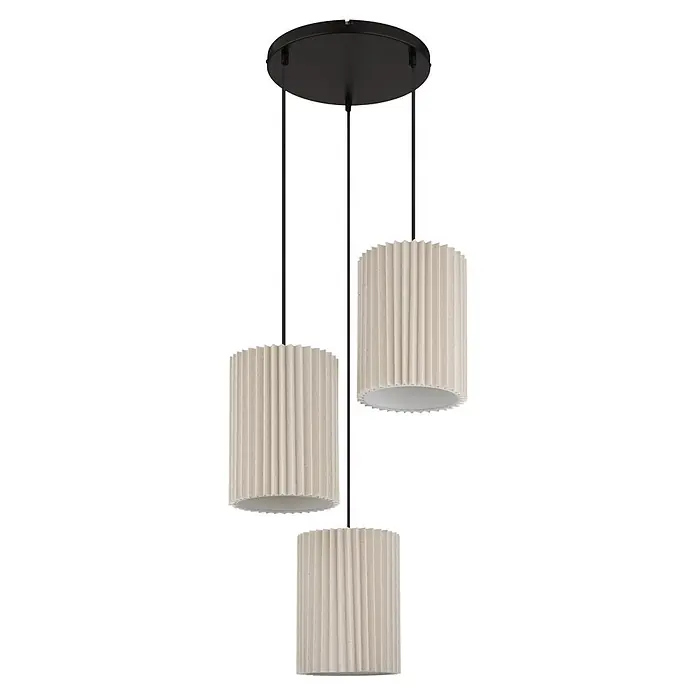Globo Pendelleuchte Page - 25 W, E27, Pendellänge: 1.200 mm - Drei hellbeige plissierte zylindrische Pendelleuchten, die von einer schwarzen runden Deckenplatte hängen.