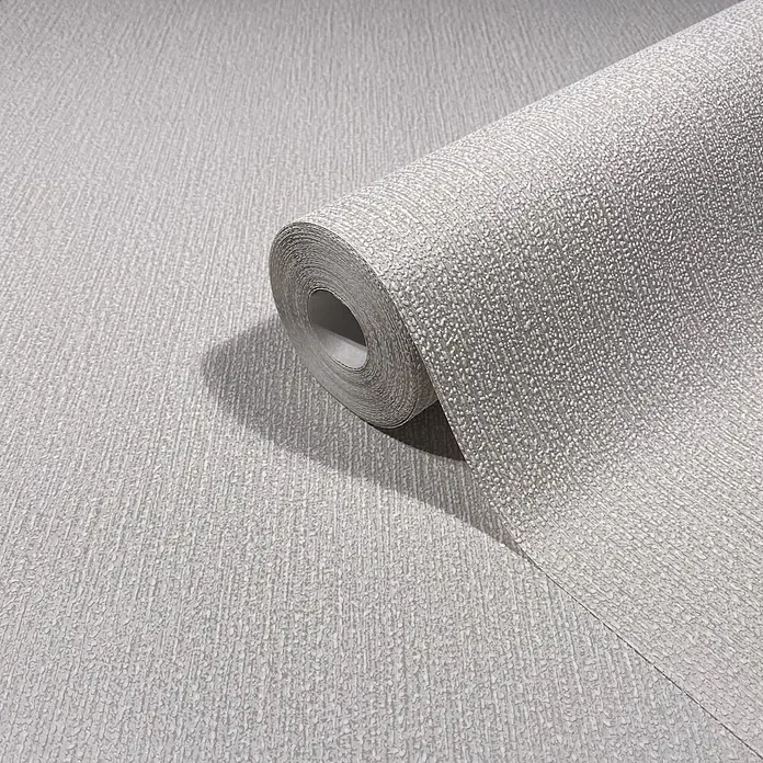 Marburg Vliestapete Novamur Mona Uni I - Beige, Uni, 10,05 x 0,53 m - Hellgraue, strukturierte Tapetenrolle mit dezentem Streifen- und Reliefmuster.